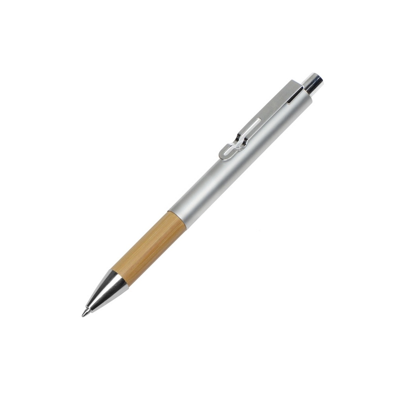 Ручка металлическая шариковая "Sleek", серебристый/бамбук с логотипом