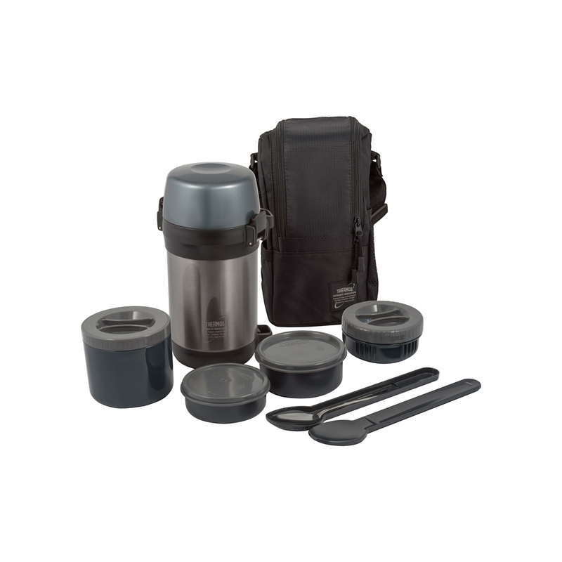 Термос из нерж.стали с пластиковыми контейнерами и ложкой тм THERMOS JLS-1601 Food 1.6L, серый с логотипом