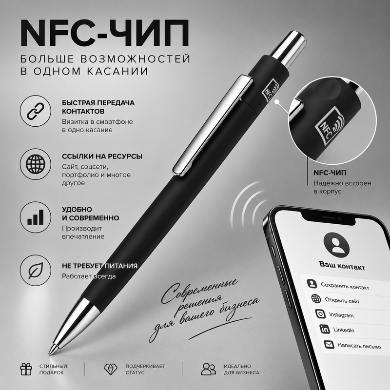 Ручка металлическая шариковая с NFC чипом «ИнкТеллект» soft-touch, черный с логотипом