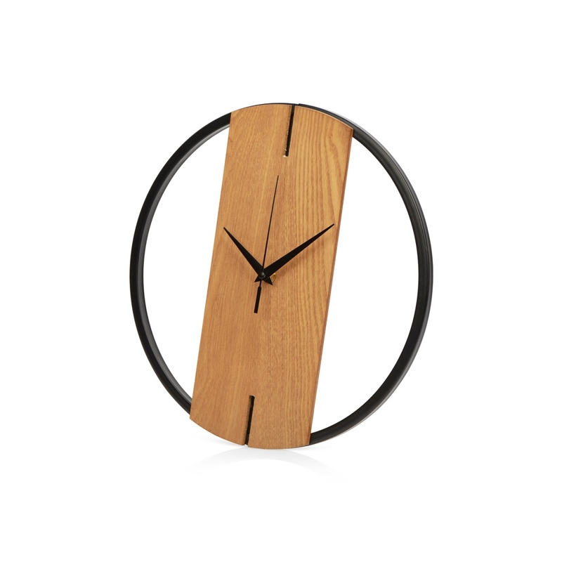 Деревянные часы с металлическим ободом, диаметр 30 см, "Time Wheel", натуральный/черный с логотипом
