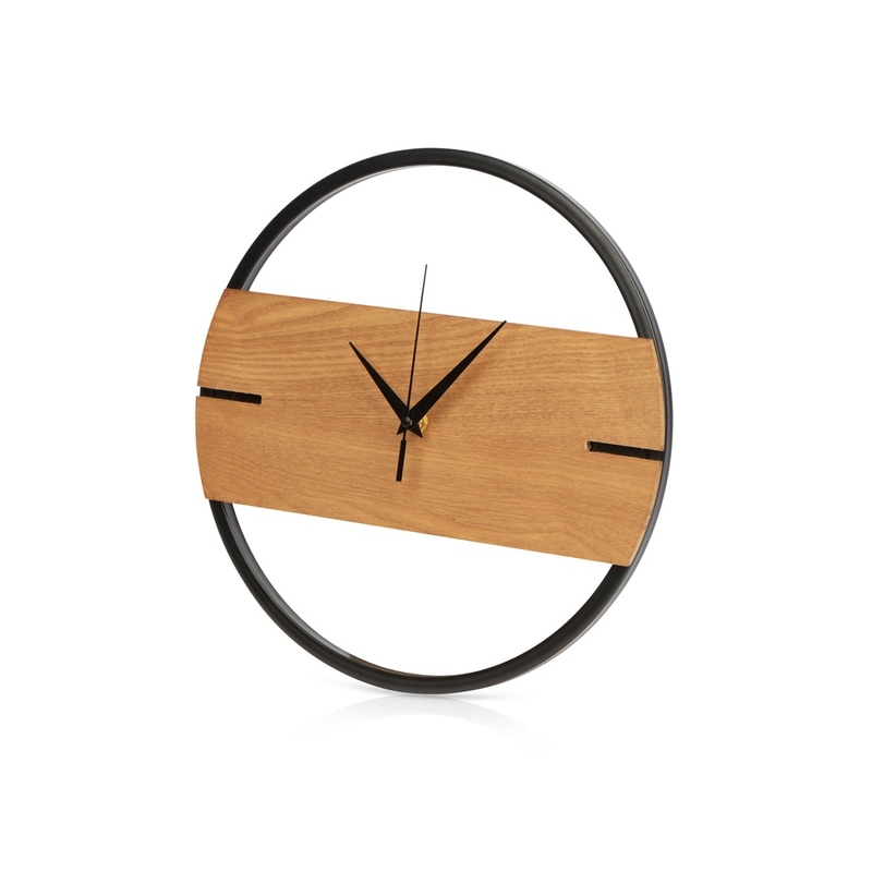 Деревянные часы с металлическим ободом, диаметр 30 см, "Time Wheel" горизонтальные, натуральный/черн с логотипом