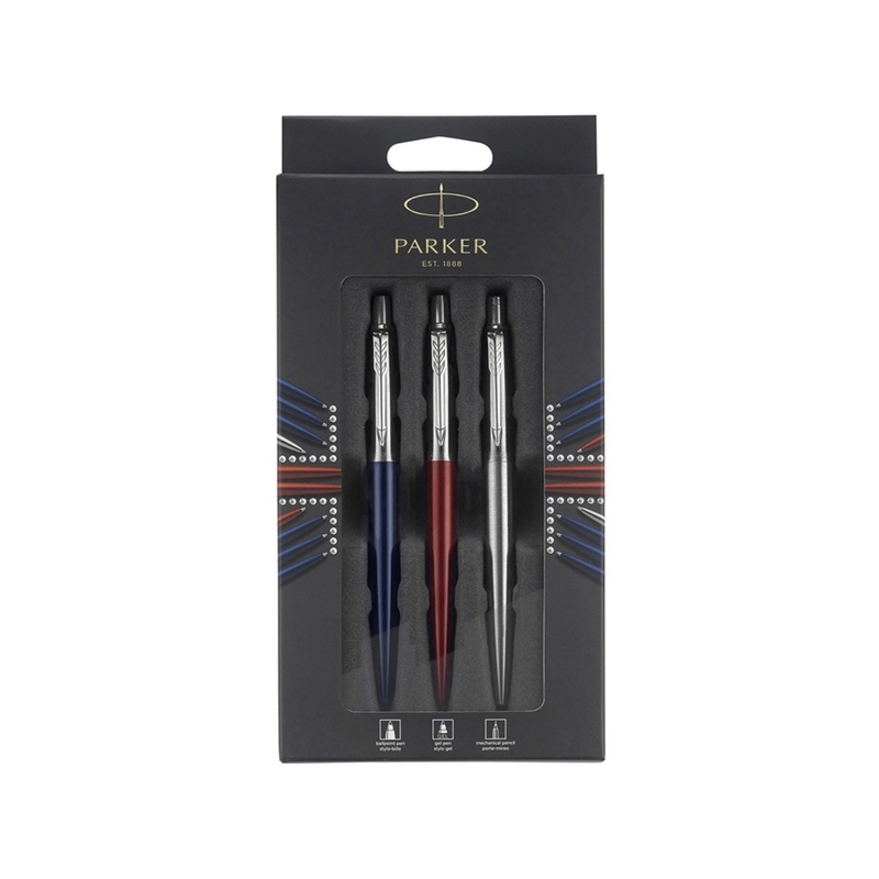 Набор Parker Jotter London Trio: гелевая ручка Red CT + шариковая ручка Blue CT + карандаш Stainless Steel CT с логотипом