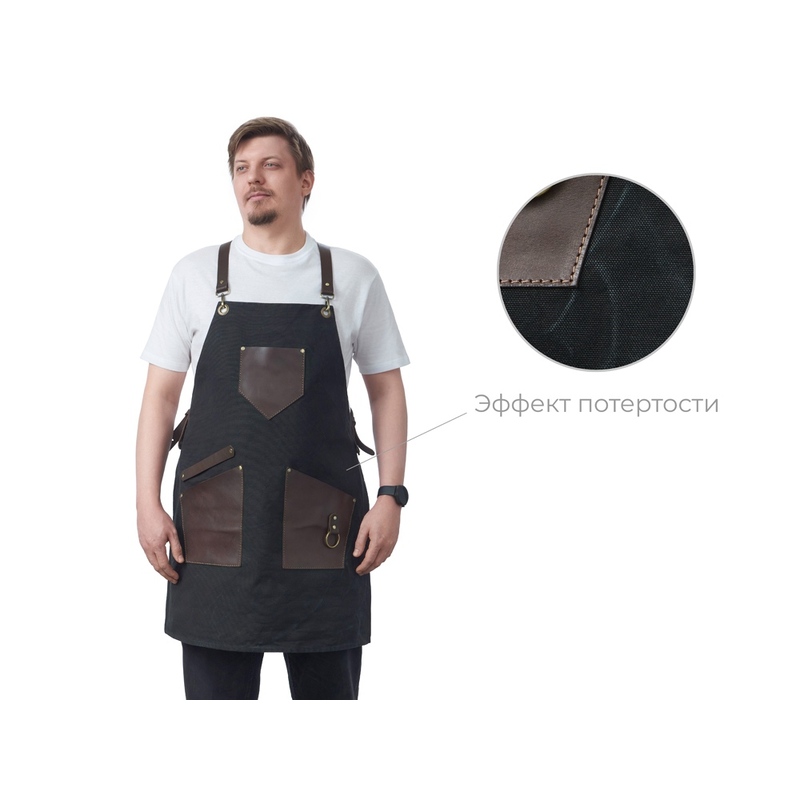 Фартук из канваса с ремнями из натуральной кожи, материал: канвас смесовый, плотность 450 гр/м, натуральная кожа КРС, цвет черный, коричневый темный с логотипом