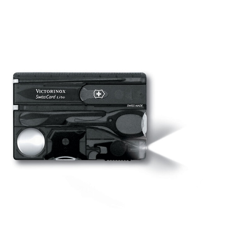 Швейцарская карточка VICTORINOX SwissCard Lite, 13 функций, полупрозрачная чёрная с логотипом