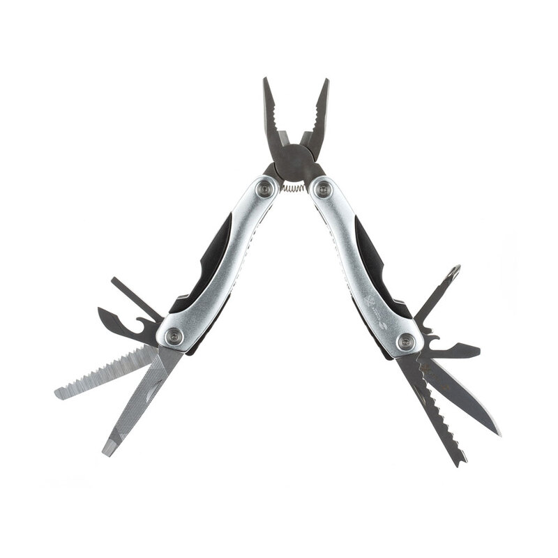 Мультитул Stinger, 100x50 мм, 15 функций, сталь/алюминий/пластик, серебристый, в нейлоновом чехле с логотипом