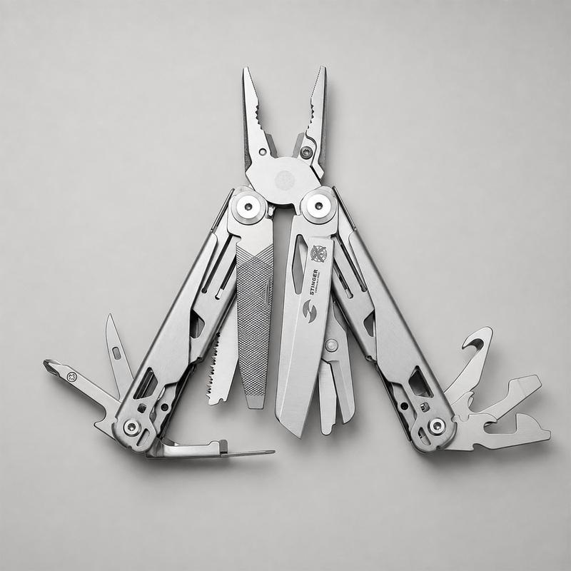 Мультитул Stinger, 107 х 40 мм, 20 функций, нержавеющая сталь, серебристый, в комплекте нейлоновый чехол, в картонной коробке с логотипом