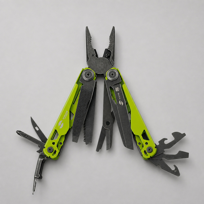 Мультитул Stinger, 107 х 19 мм, 19 функций, сталь, салатовый корпус, стоунвош, в картонной коробке, в комплекте нейлоновый чехол с логотипом