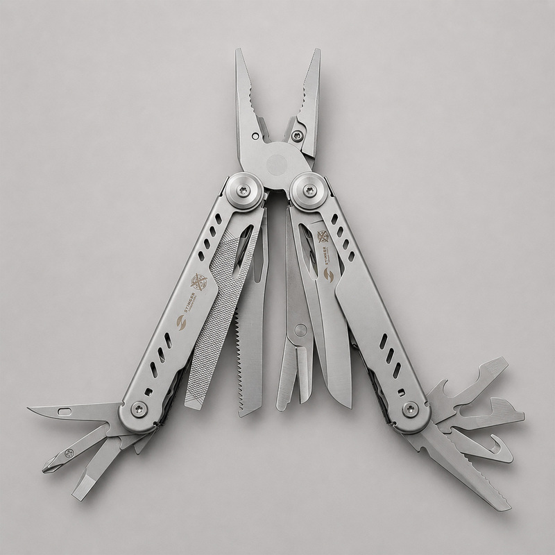 Мультитул Stinger, 110 х 27 мм, 21 функция, сталь, серебристый, в картонной коробке, в комплекте нейлоновый чехол с логотипом