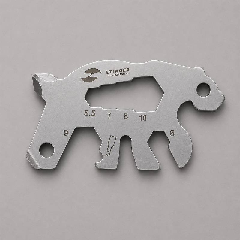 Мини-мультитул карманный Stinger, 55 x 35 мм, 5 функций, медведь, нержавеющая сталь, серебристый, в блистере с логотипом