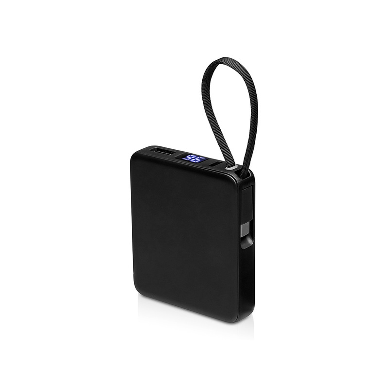 Внешний аккумулятор со встроенным кабелем USB-C «Дэнси», 5000 мАч, черный с логотипом