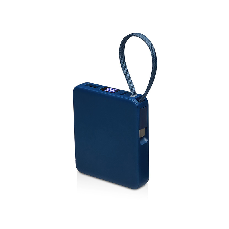 Внешний аккумулятор со встроенным кабелем USB-C «Дэнси», 5000 мАч, темно-синий с логотипом