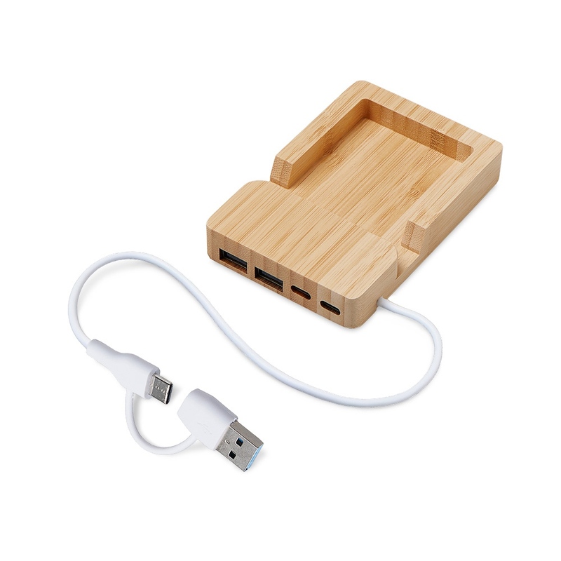 USB хаб «Memo», 2*USB, 2*Type C, бамбук с логотипом