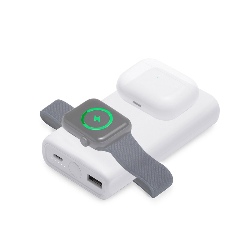 Внешний беспроводной аккумулятор 2-в-1 с функцией зарядки Apple Watch, QC/PD «AtomIQ», 10000 мАч, белый с логотипом