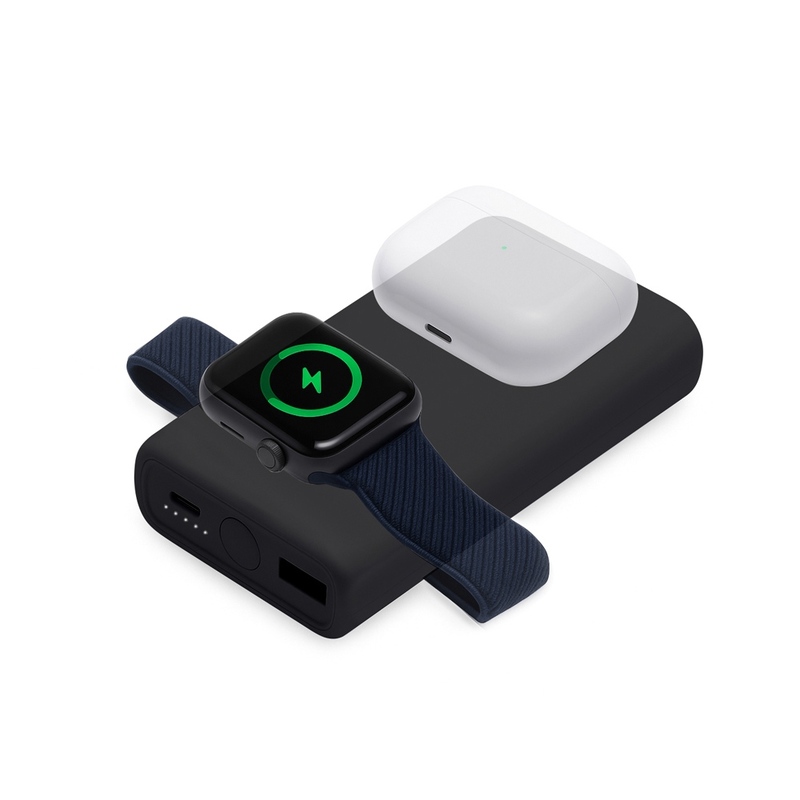 Внешний беспроводной аккумулятор 2-в-1 с функцией зарядки Apple Watch, QC/PD «AtomIQ», 10000 мАч, черный с логотипом