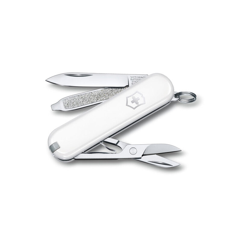 Нож-брелок VICTORINOX Classic SD Colors "Falling Snow", 58 мм, 7 функций, белый с логотипом