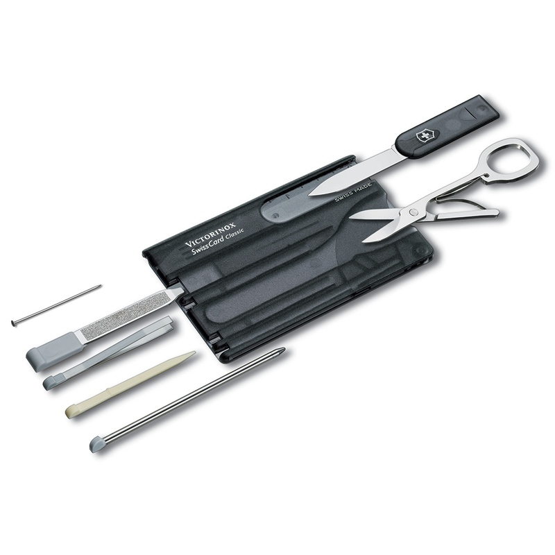 Швейцарская карточка VICTORINOX SwissCard Classic, 10 функций, полупрозрачная чёрная с логотипом