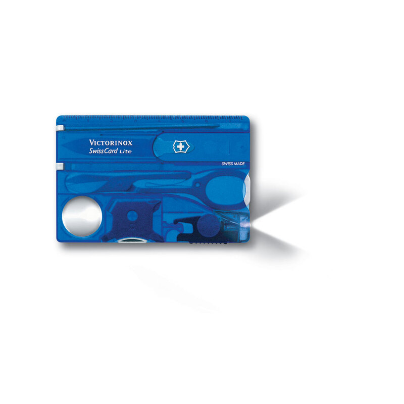 Швейцарская карточка VICTORINOX SwissCard Lite, 13 функций, полупрозрачная синяя с логотипом