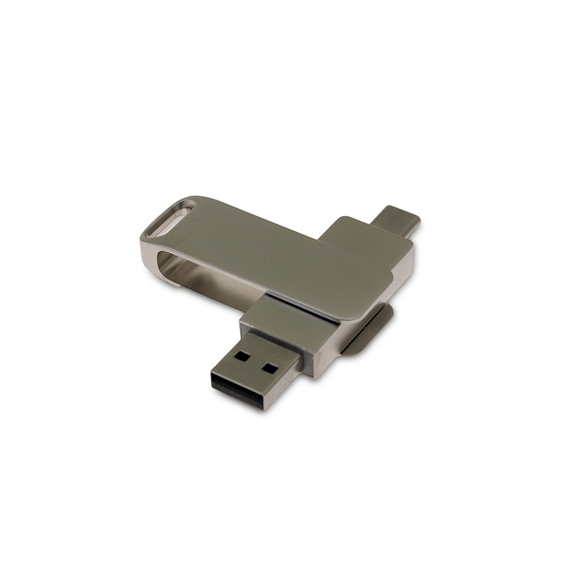 USB 3.0- флешка на 32 Гб поворотный механизм 2 в 1, c дополнительным разъемом Type-C с одноцветным металлическим клипом, серый с логотипом