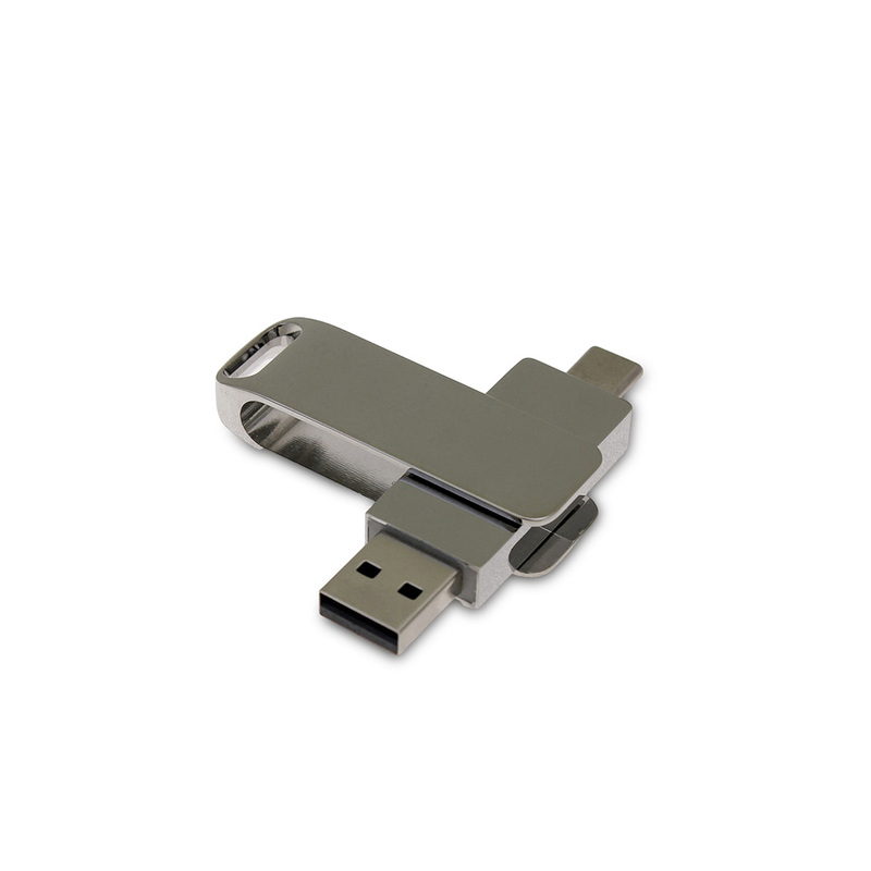 USB 3.0- флешка на 64 Гб поворотный механизм 2 в 1, c дополнительным разъемом Type-C с одноцветным металлическим клипом, серебристый с логотипом