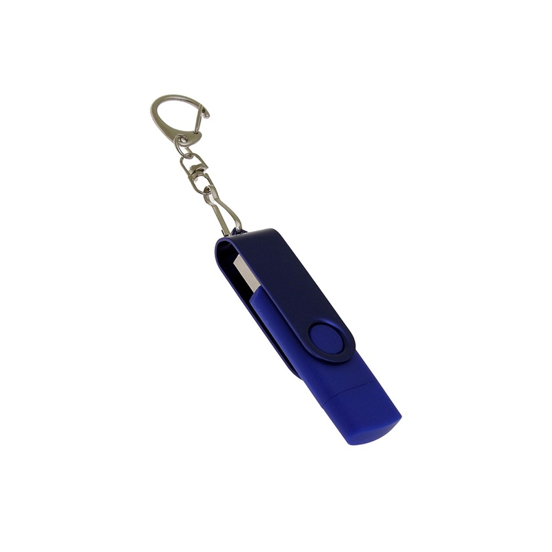 USB-флешка на 16 Гб 2 в 1 поворотный механизм, c дополнительным разъемом Type-C с одноцветным металлическим клипом, синий с логотипом