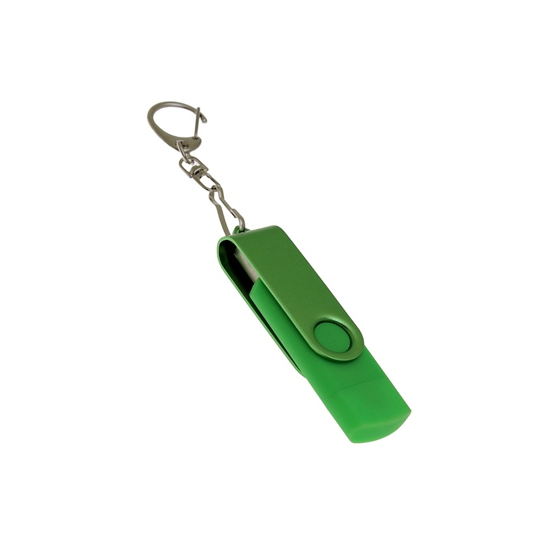 USB-флешка на 16 Гб 2 в 1 поворотный механизм, c дополнительным разъемом Type-C с одноцветным металлическим клипом, зеленый с логотипом