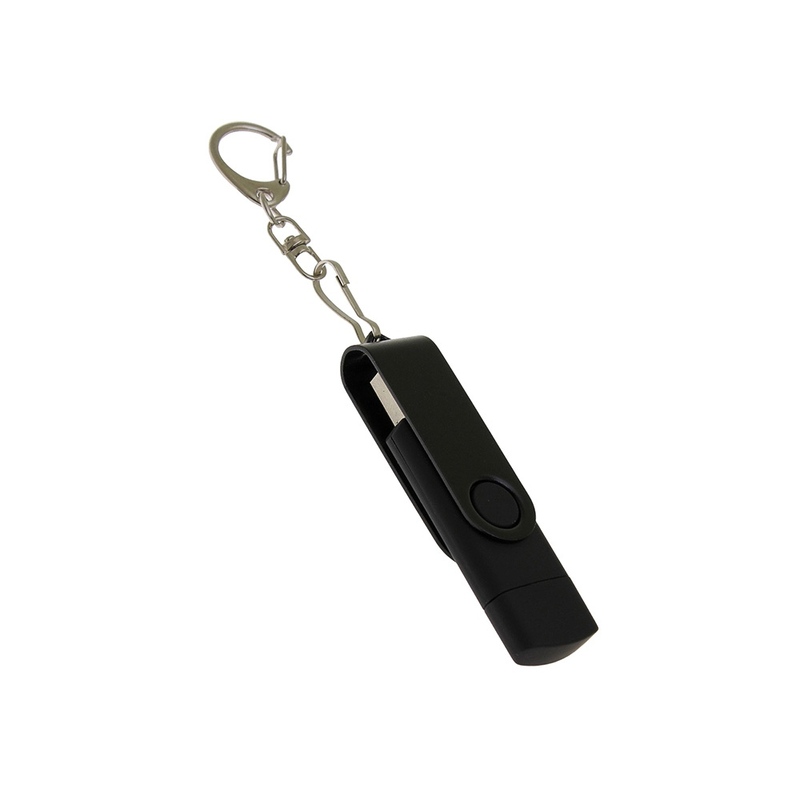 USB-флешка на 16 Гб 2 в 1 поворотный механизм, c дополнительным разъемом Type-C с одноцветным металлическим клипом, черный с логотипом