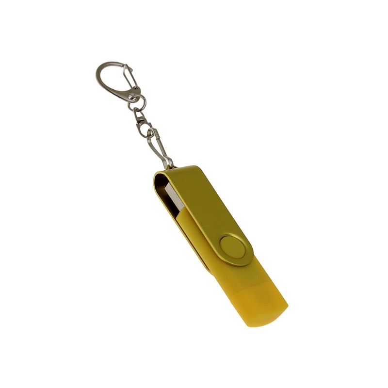 USB-флешка на 32 Гб 2 в 1 поворотный механизм, c дополнительным разъемом Type-C с одноцветным металлическим клипом, желтый с логотипом