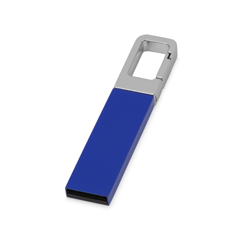 Флеш-карта USB 2.0 16 Gb с карабином "Hook", синий/серебристый с логотипом