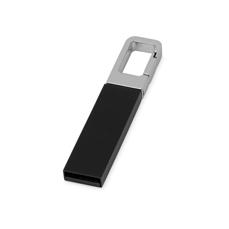 Флеш-карта USB 2.0 16 Gb с карабином "Hook", черный/серебристый с логотипом