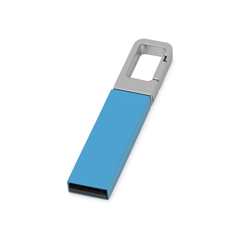 Флеш-карта USB 2.0 16 Gb с карабином "Hook", голубой/серебристый с логотипом