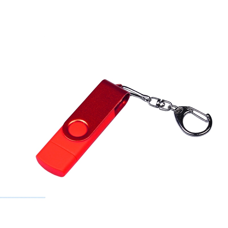 USB-флешка на 64 ГБ 3 в 1 поворотный механизм, c двумя дополнительными разъемами MicroUSB и TypeC C с одноцветным металлическим клипом, красный с логотипом