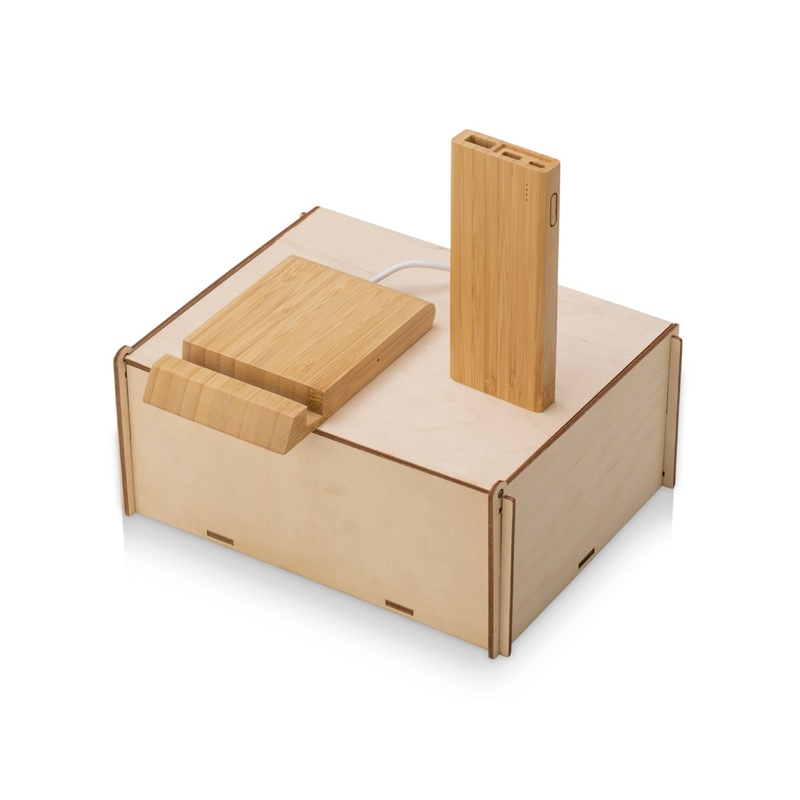 Подарочный набор с БЗУ и внешним аккумулятором «Bamboo Set», натуральный с логотипом