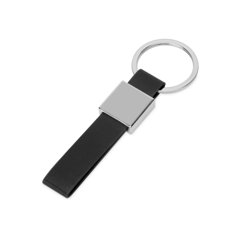 Брелок из металла и иск.кожи "Strap", серебристый/черный с логотипом