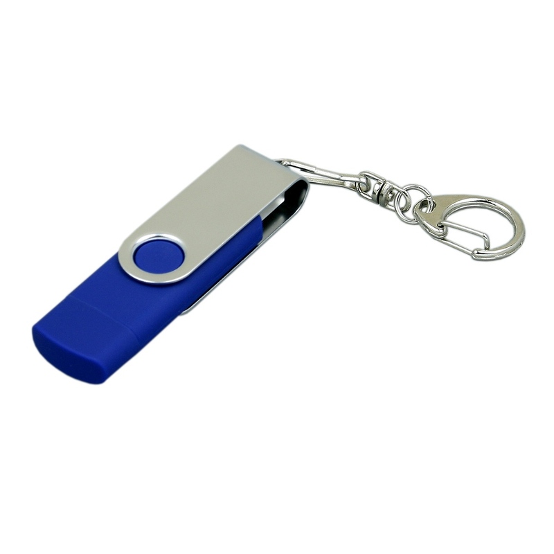 Флешка с  поворотным механизмом, c дополнительным разъемом Micro USB, 16 Гб, синий с логотипом