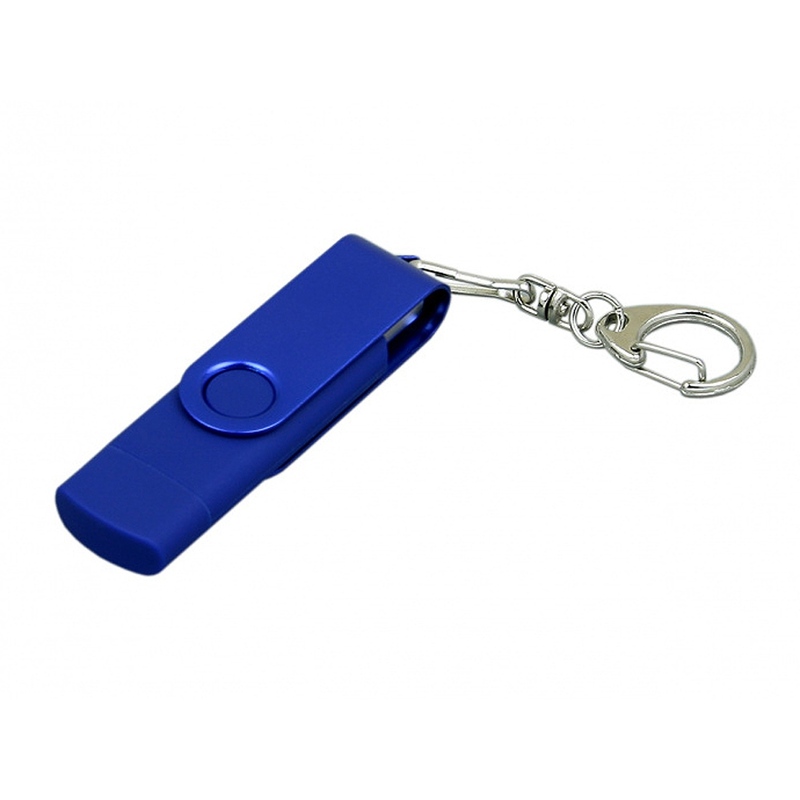 Флешка с поворотным механизмом, c дополнительным разъемом Micro USB, 16 Гб, синий с логотипом