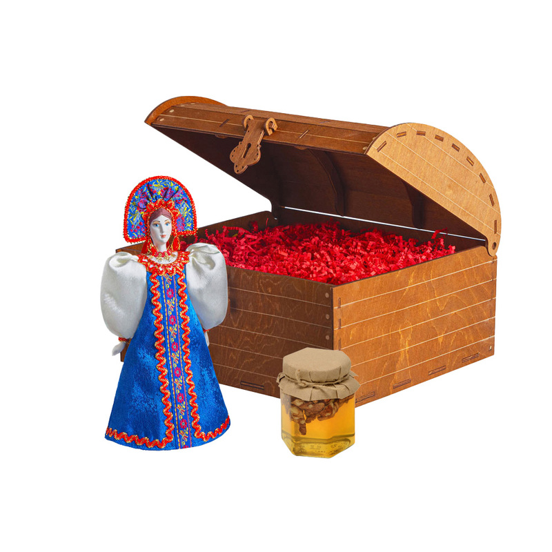 Подарочный набор: кукла фарфоровая, мед, синий с логотипом