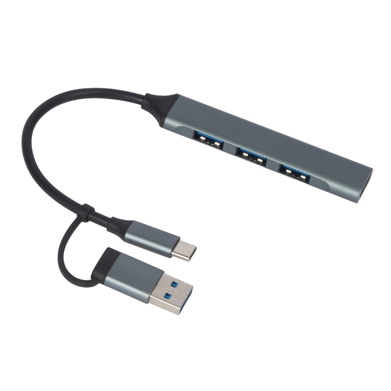 USB-хаб «Link» с коннектором 2-в-1 USB-C и USB-A, 2.0/3.0, серый с логотипом