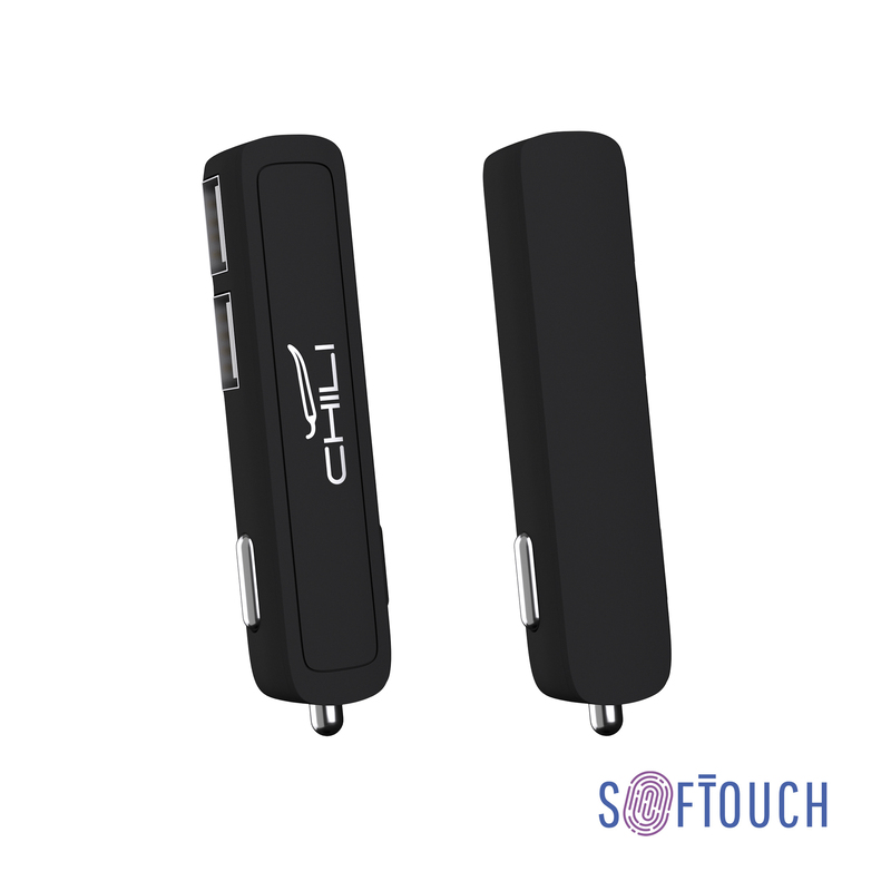 Автомобильное зарядное устройство "Slam" с 2-мя разъёмами USB, покрытие soft touch с логотипом