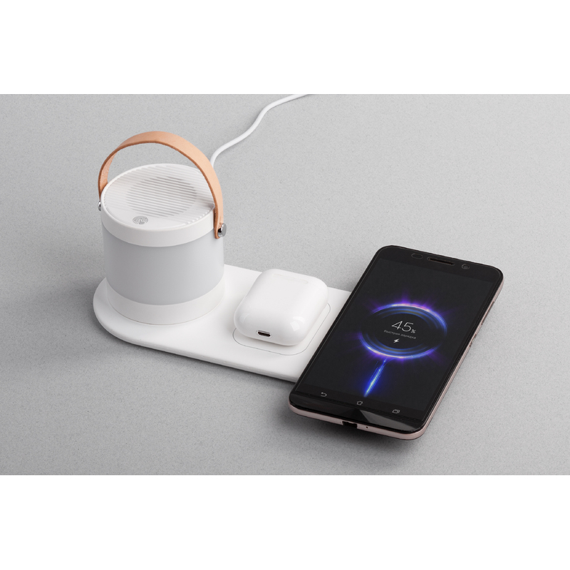 Настольная беспроводная (15W) зарядная станция "Smart Home" с bluetooth колонкой-лампой с логотипом