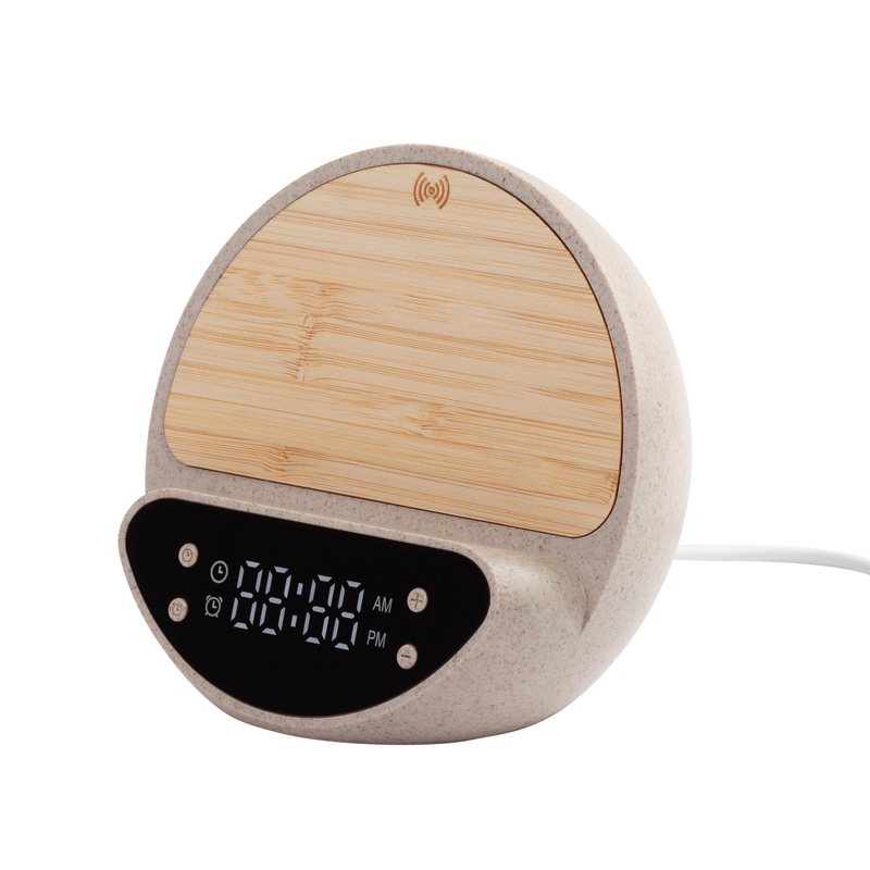 Настольные часы "Smiley" с беспроводным (10W) зарядным устройством и будильником, пшеница/бамбук/пластик с логотипом