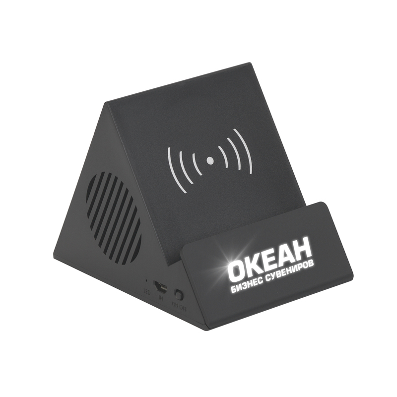 Bluetooth колонка-подставка "Rock" 3Вт с беспроводным зарядным устройством и подсветкой логотипа с логотипом