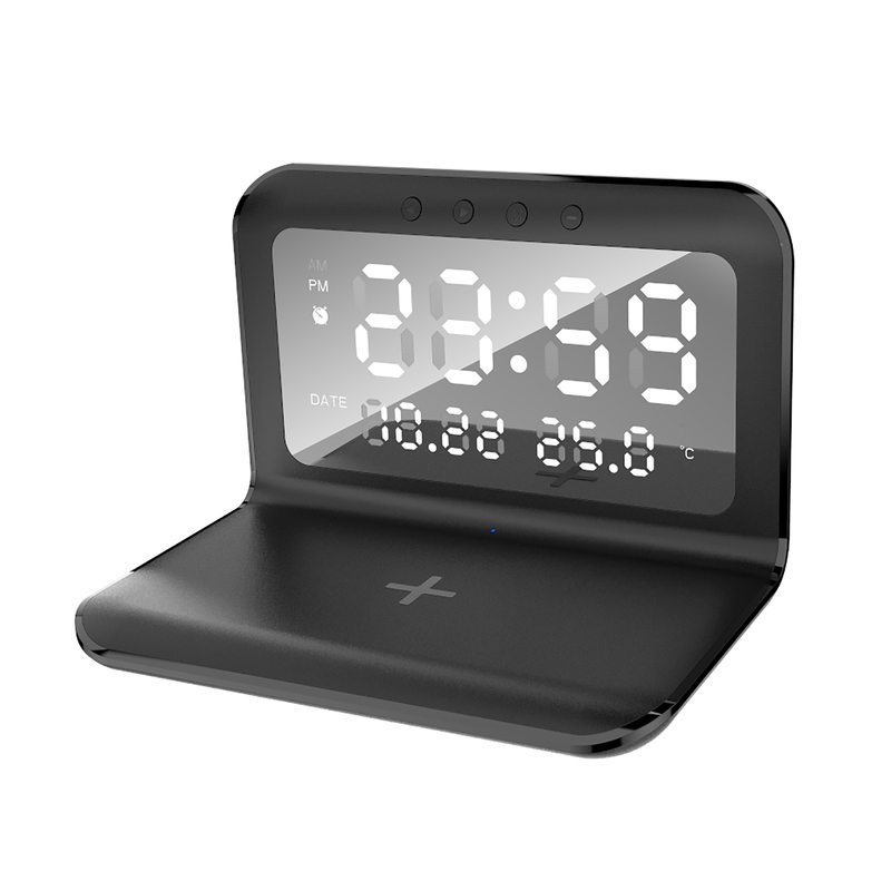 Настольные часы "Smart Time" с беспроводным (15W) зарядным устройством, будильником и термометром, со съёмным дисплеем с логотипом