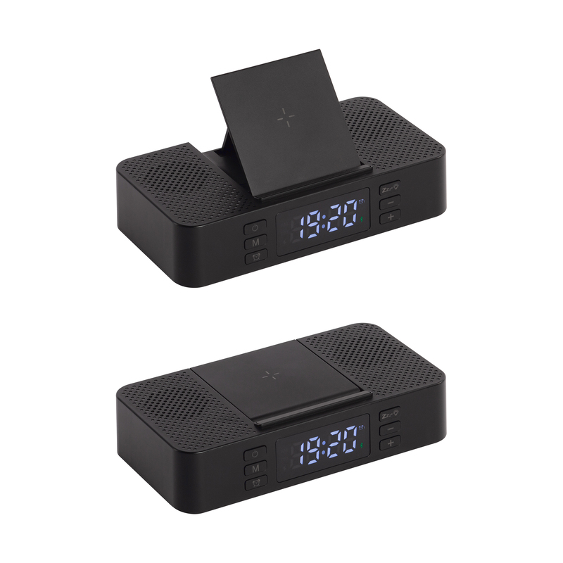 Настольные часы "Smart Box" с bluetooth колонкой (2х3Вт), беспроводным (15W) зарядным устройством и складной подставкой под смартфон с логотипом