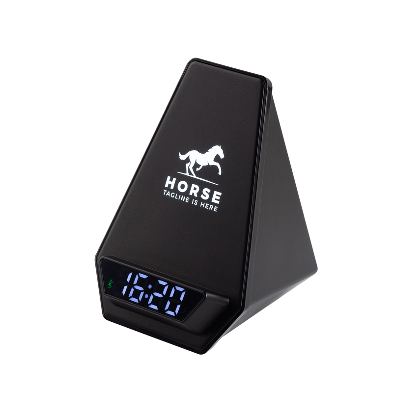 Настольная Bluetooth колонка (3Вт) "Smart Pyramid" с часами и беспроводным (15W) зарядным устройством, с подсветкой логотипа с логотипом