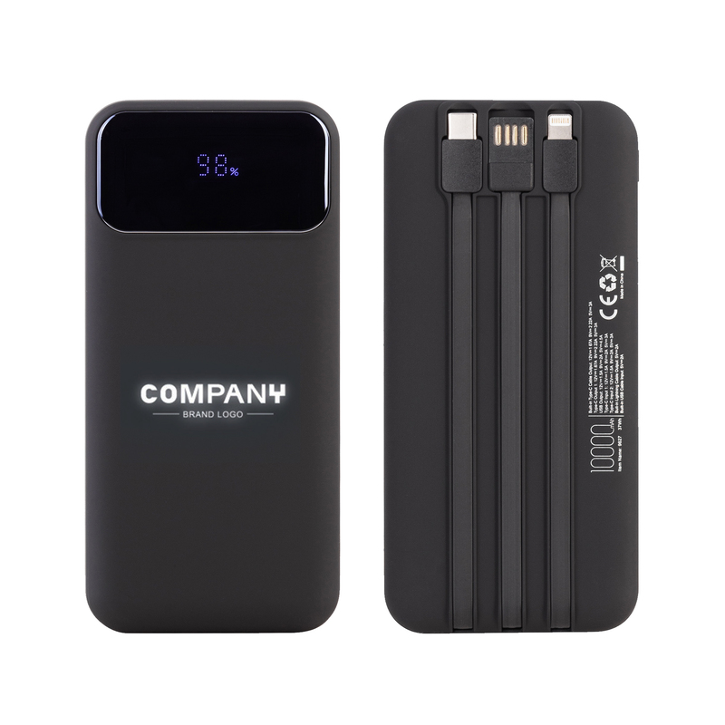Зарядное (22.5W) устройство "Grade SOFTTOUCH" 10000 mAh с подсветкой логотипа, встроенными кабелями и цифровым индикатором заряда с логотипом