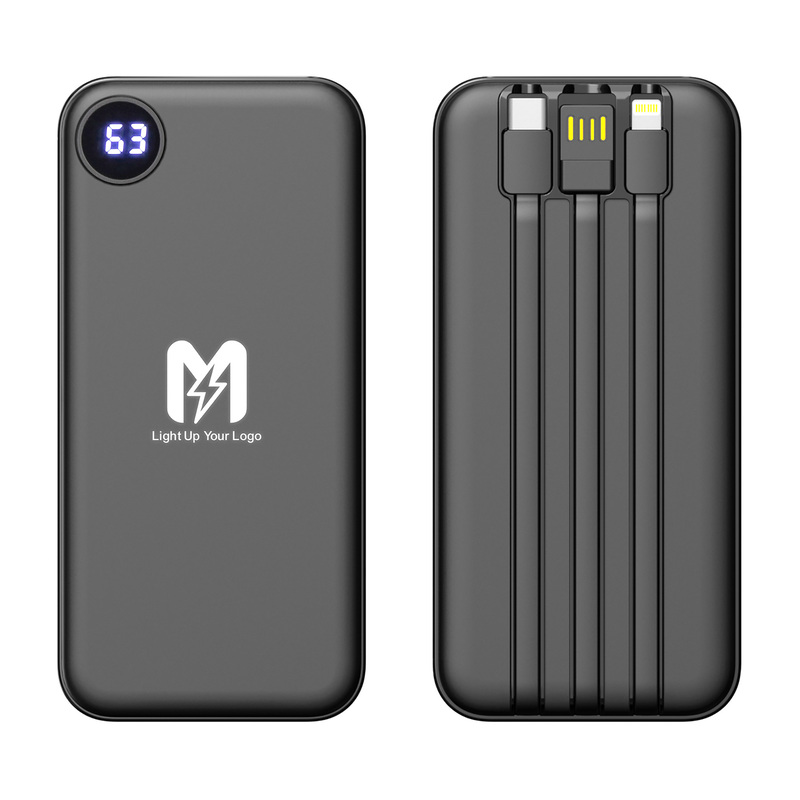 Зарядное устройство "Форт" 10000 mAh с подсветкой логотипа, встроенными кабелями и цифровым индикатором заряда с логотипом