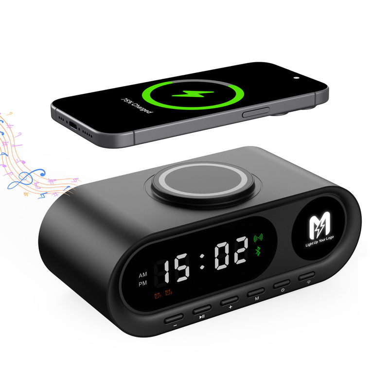 Настольные часы "Smart Hub" с bluetooth колонкой 5Вт, беспроводной (15W) зарядкой и подсветкой логотипа с логотипом