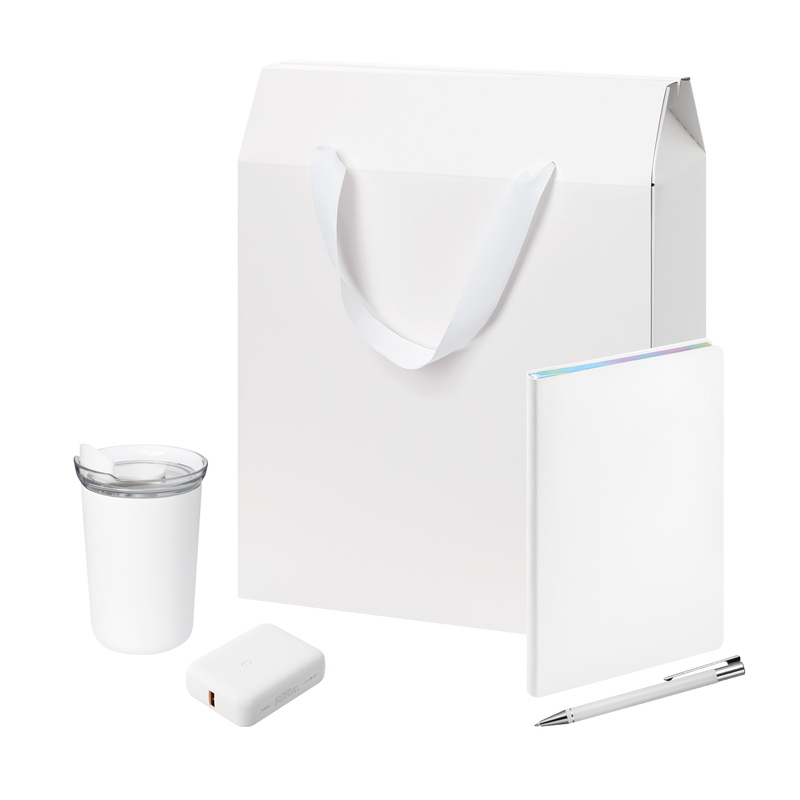 Подарочный набор Велком Пак (Welcome Pack), белый (термокружка, ежедневник, ручка, ЗУ, коробка-пакет) с логотипом