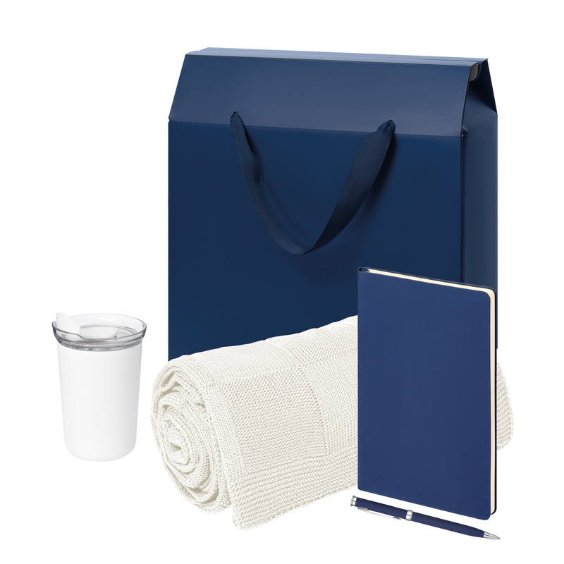 Подарочный набор Велком Пак Спарк (Welcome Pack Spark), синий (термокружка,ежедневник, ручка, плед, коробка-пакет) с логотипом