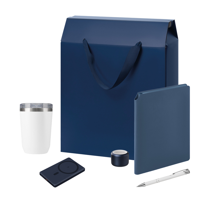 Подарочный набор Велком Пак Премиум (Welcome Pack Premium), синий (термокружка, колонка, ежедневник, ручка, ЗУ, коробка-пакет) с логотипом